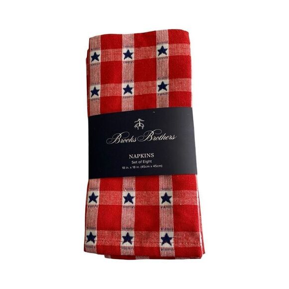 Brooks Brothers Red White Stars Fabric Cloth Napkins Set of 8 Patriotic Plaid - Picture 1 of 2
